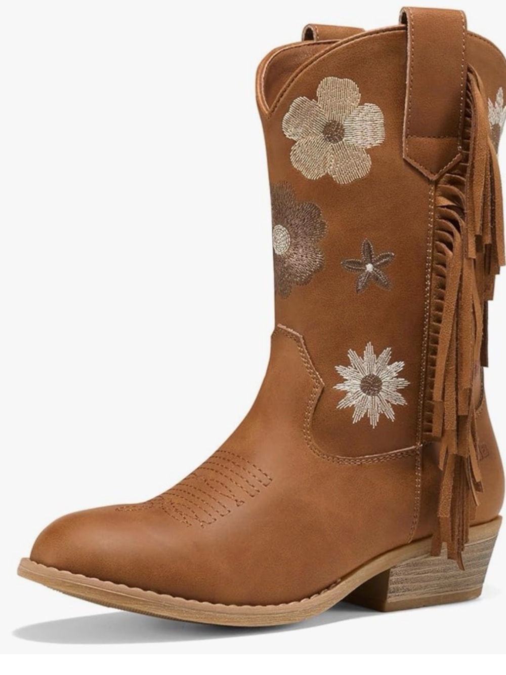 Kids Brown Floral Embroidered Fringe Western Boots